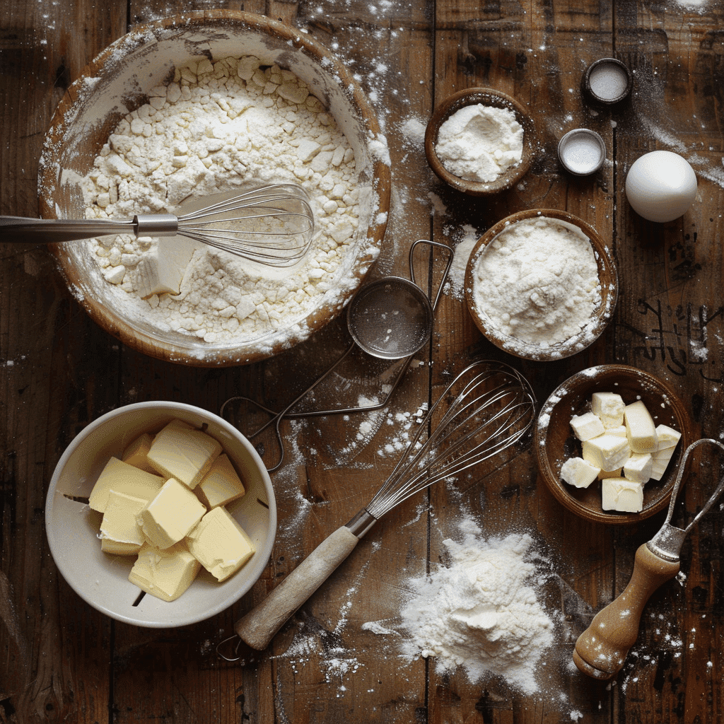 Ingredients for making homemade biscuits: flour, butter, buttermilk, and baking powder.