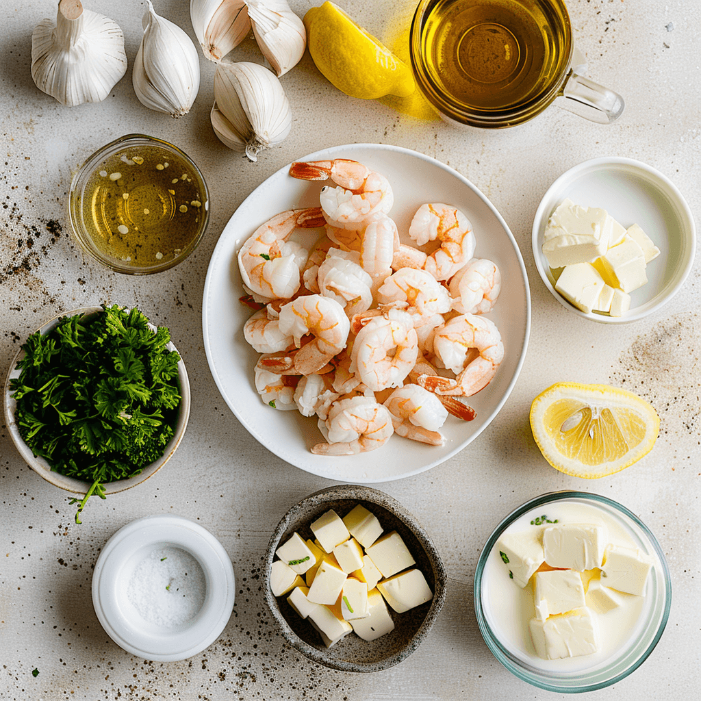 All fresh ingredients needed for creamy garlic shrimp including shrimp, garlic, butter, and herbs laid out on a kitchen counter