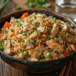 Final dish of garlic chicken fried rice served with a side of vegetables and garnished with green onions