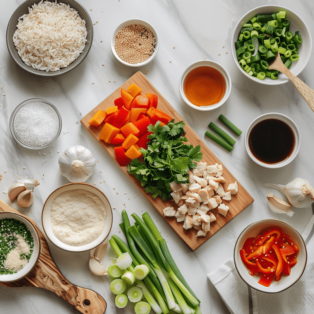 Fresh garlic, chicken, vegetables, and cooked rice ready for cooking garlic chicken fried rice