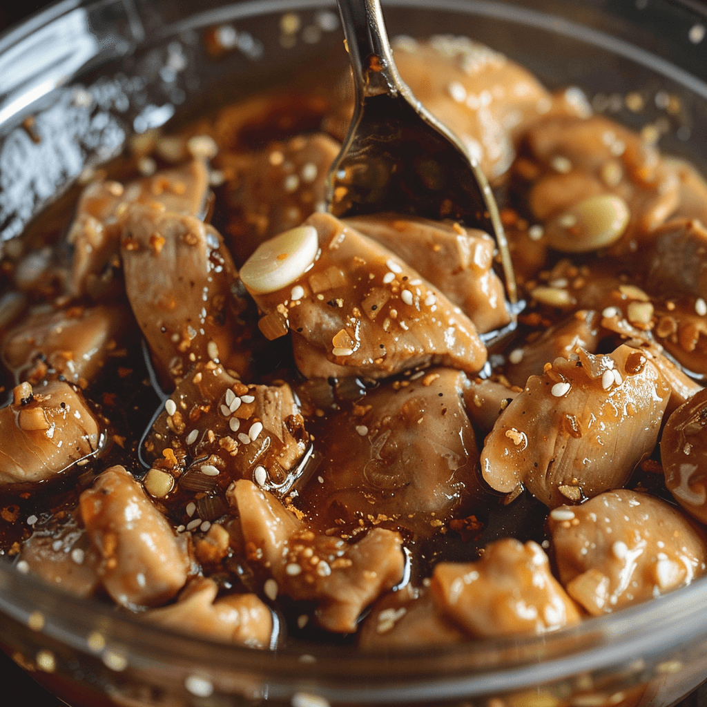 Chicken pieces being marinated with soy sauce and garlic powder in a bowl