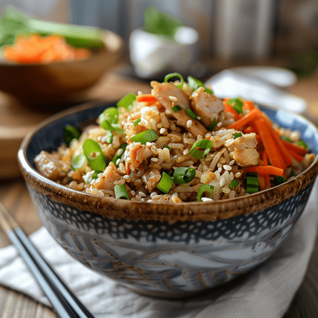 Final dish of garlic chicken fried rice served with a side of vegetables and garnished with green onions