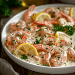 Creamy garlic shrimp in a rich golden sauce, garnished with fresh herbs and lemon wedges