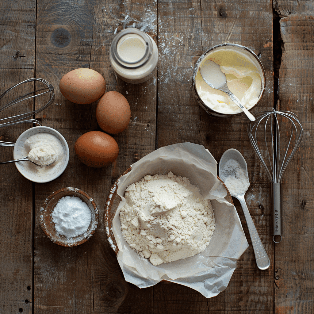 Eggs, cake flour, sugar, and heavy cream arranged on a kitchen counter