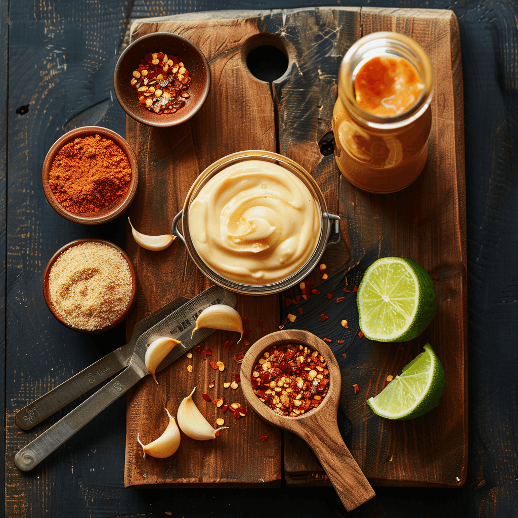 Mayonnaise, hot sauce, garlic powder, and chili flakes arranged on a cutting board
