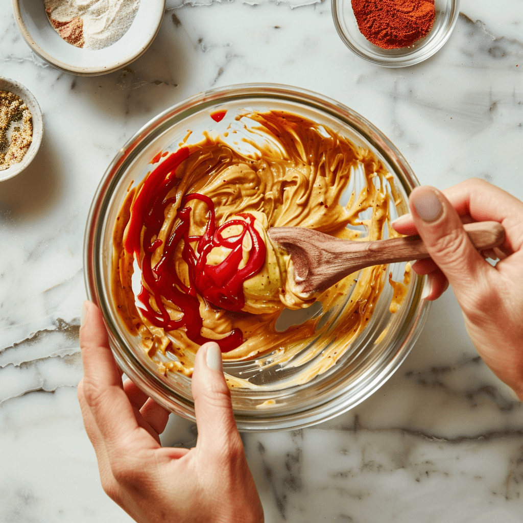 Mixing Hburger Sauce ingredients in a bowl