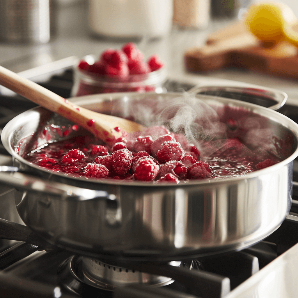 Simmering raspberry filling in a saucepan