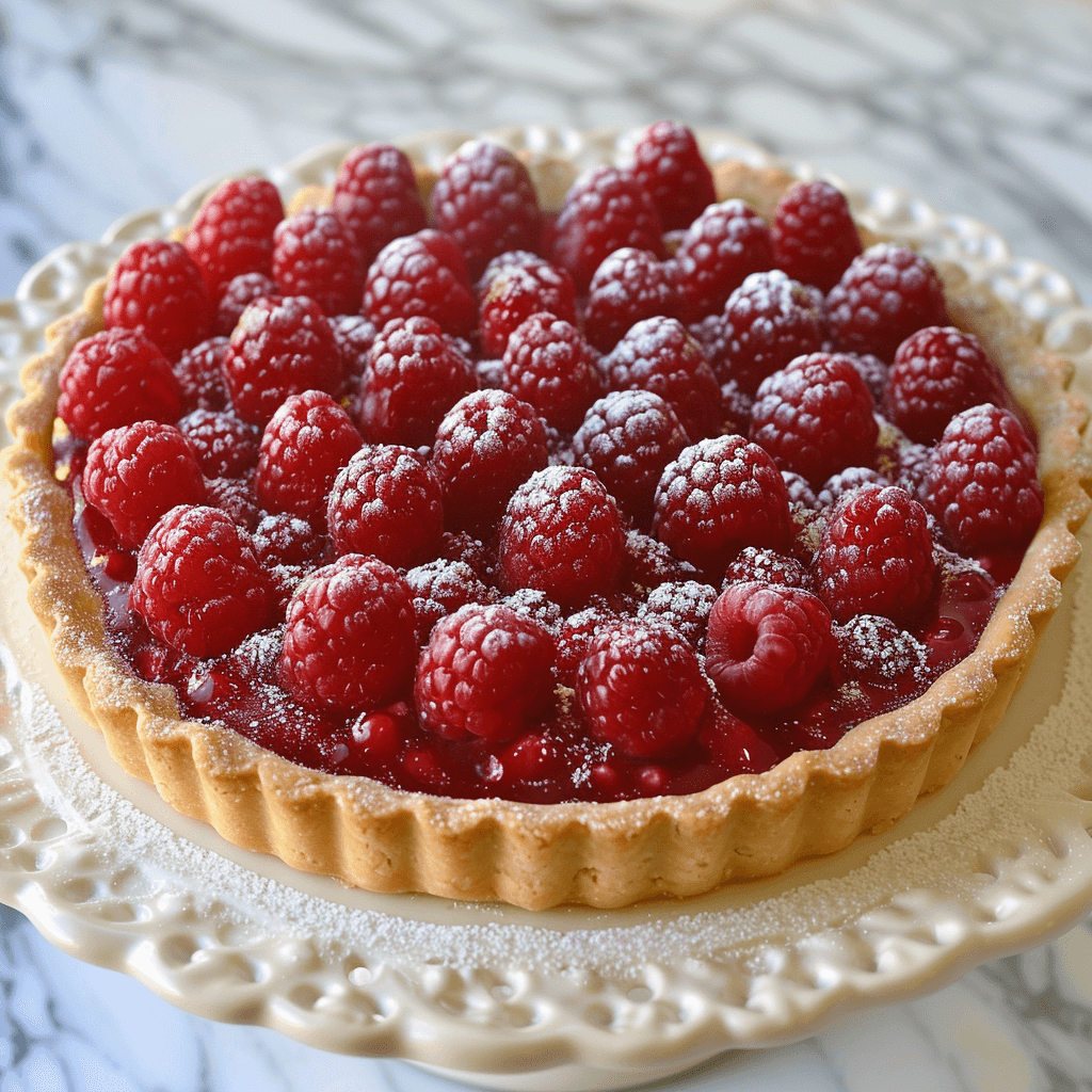 Raspberry tart with whipped cream and fresh raspberries