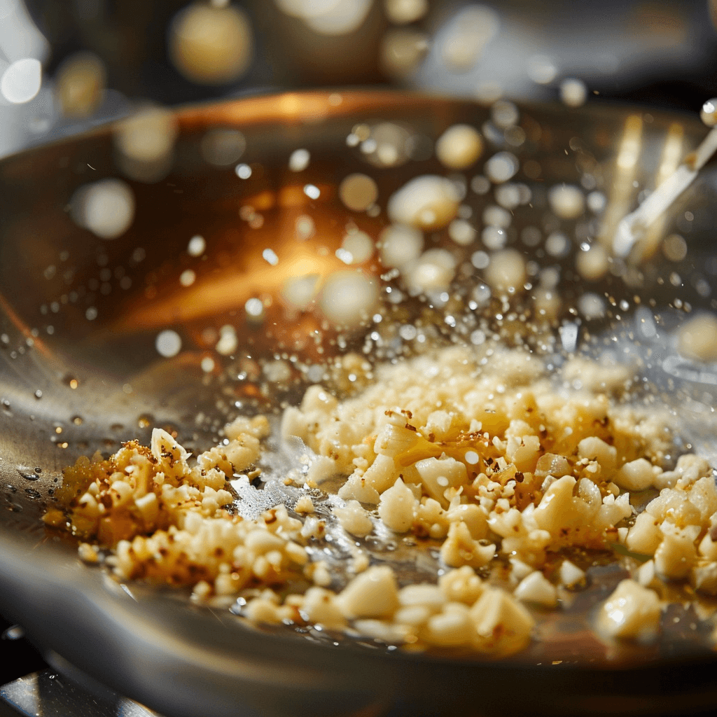 Sautéing minced garlic in melted butter in a skillet for creamy garlic shrimp sauce