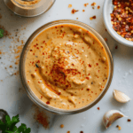 Close-up of Spicy Mayo Sauce garnished with paprika in a white ceramic bowl
