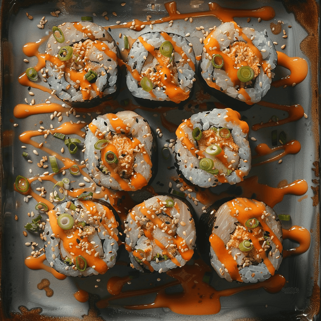 Spicy Mayo Sauce drizzled artistically over sushi rolls