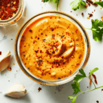 Homemade Spicy Mayo Sauce in a clear bowl on a kitchen counter