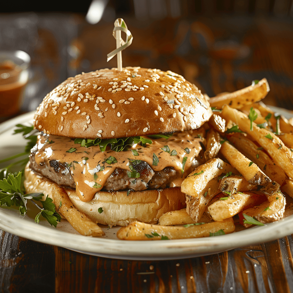 Finished burger with Hburger Sauce served with fries