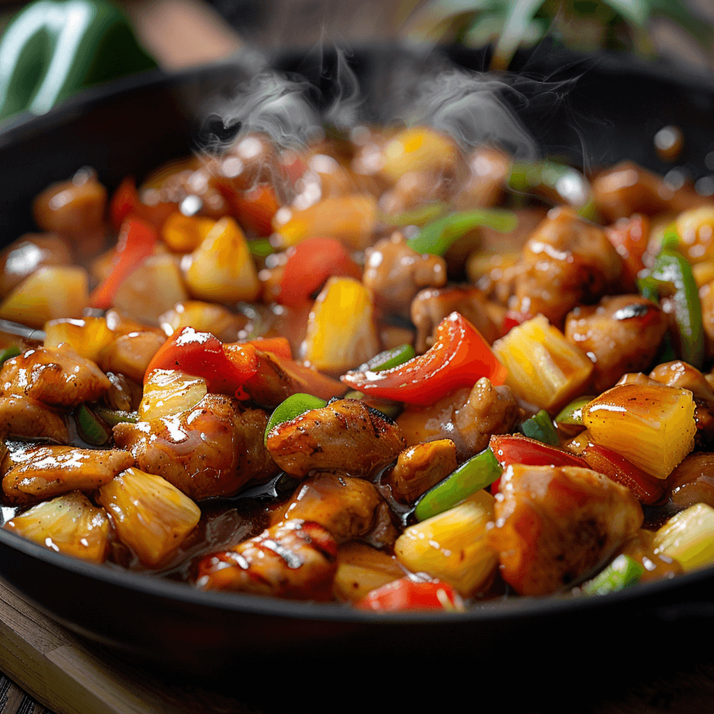 Chicken pieces, bell peppers, and pineapple chunks simmering in sweet and sour sauce in a pan