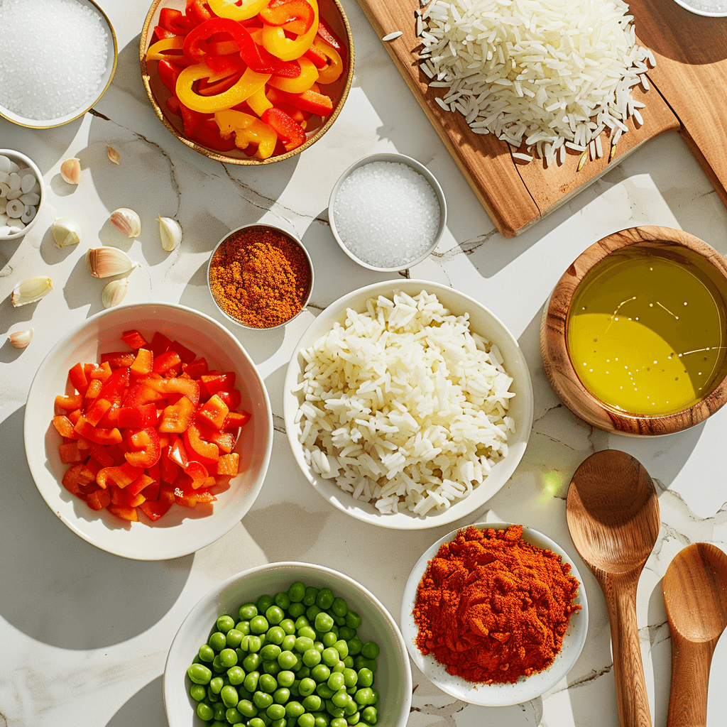 Fresh ingredients for Spicy Rice Recipe including rice, vegetables, and spices