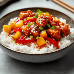 A bowlof sweet and sour chicken on steamed rice, garnished with green onions