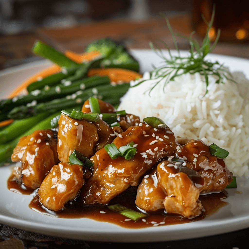 Honey garlic chicken served with rice and steamed vegetables