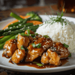 Honey garlic chicken served with rice and steamed vegetables