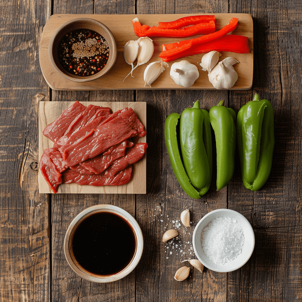Sliced red and green bell peppers with onions on a cutting board