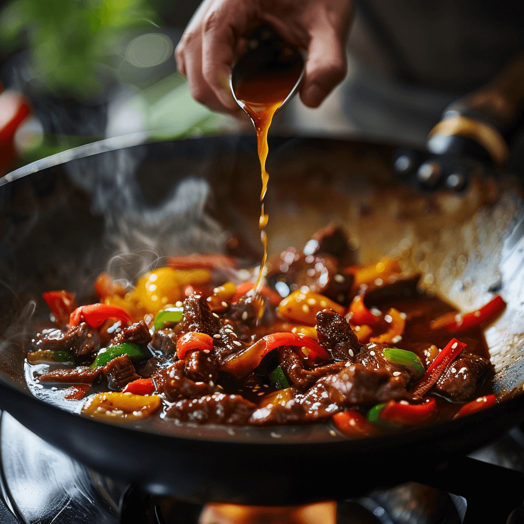 sizzling steak stir-fry in a wok