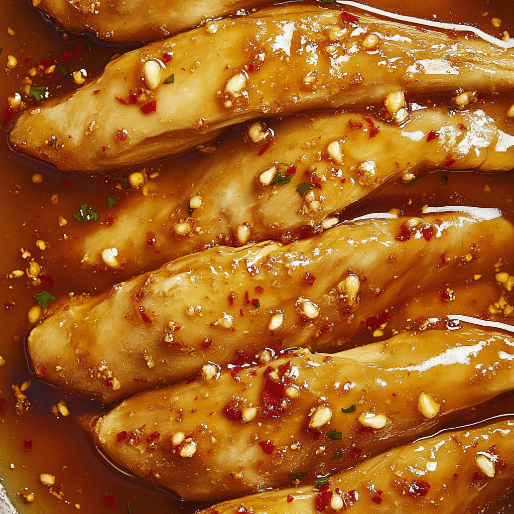 Chicken breast strips marinating in honey garlic sauce