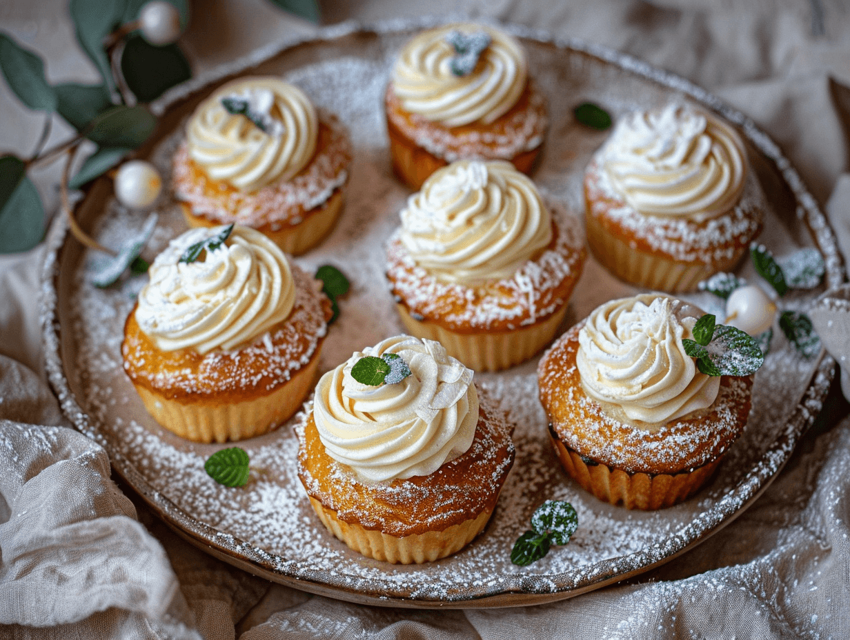 Fluffy Hokkaido Chiffon Cupcakes with whipped cream filling on a rustic plate