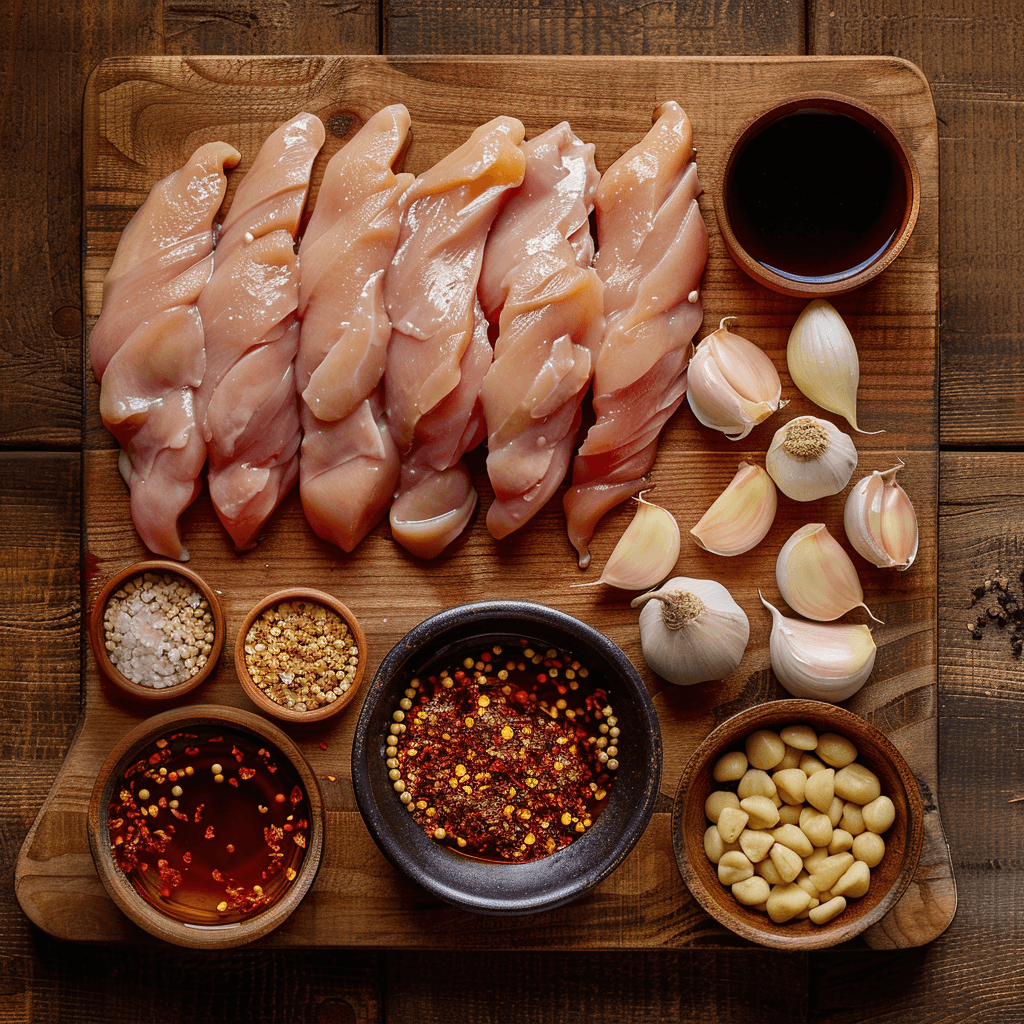 15 minutes honey garlic chicken ingredients arranged on a kitchen counter