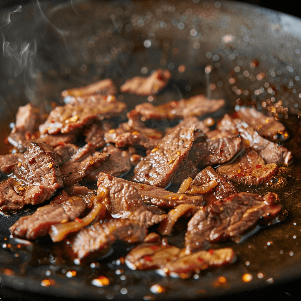 Thinly sliced flank steak searing in a hot wok
