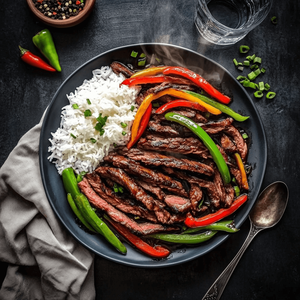 Pepper Steak stir-fry with flank steak strips and sliced bell peppers
