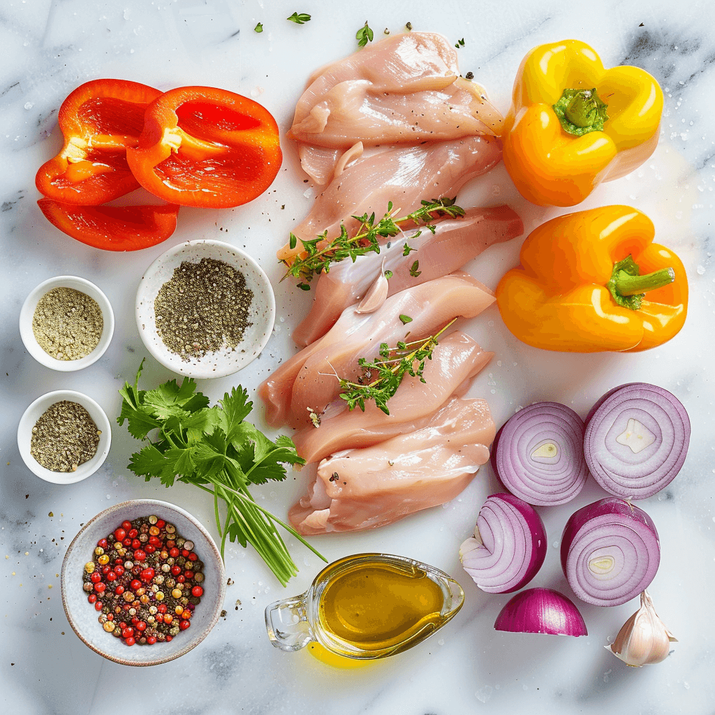 Fresh ingredients for 15 Minutes Chicken Dinner: chicken, bell peppers, onions, garlic, and herbs