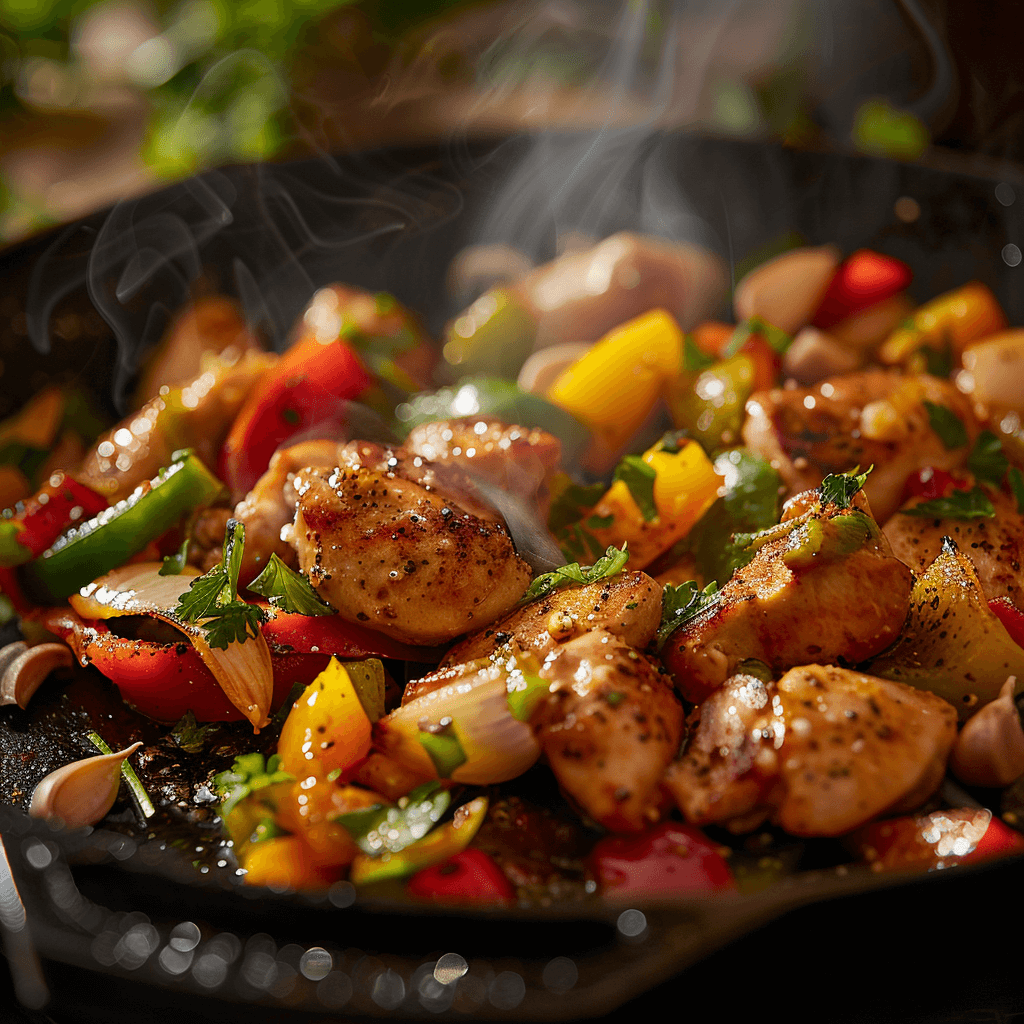 Sautéing chicken and vegetables for a 15 Minutes Chicken Dinner