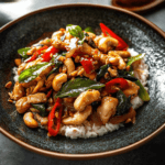 A sizzling wok of authentic Thai Cashew Chicken stir-fry with tender chicken, toasted cashews, vibrant bell peppers, and fresh green onions.