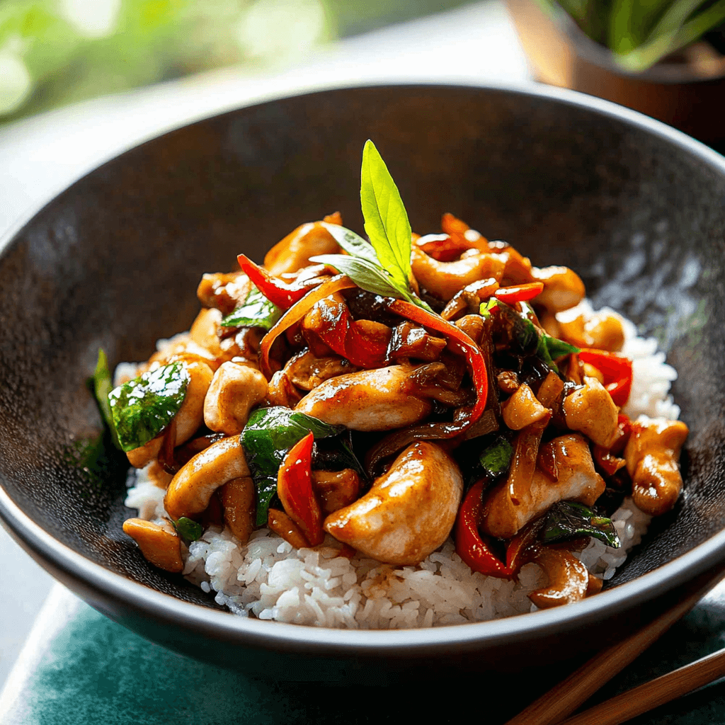 A sizzling wok filled with authentic Thai Cashew Chicken stir-fry featuring tender chicken, perfectly toasted cashews, vibrant bell peppers, and fresh green onions.