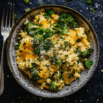 Plated Cheesy Broccoli Rice Bowl garnished with fresh herbs