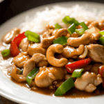 A steaming bowl of Chinese Cashew Chicken with tender, velveted chicken pieces, roasted cashew nuts, red bell peppers, and onions, served with jasmine rice.