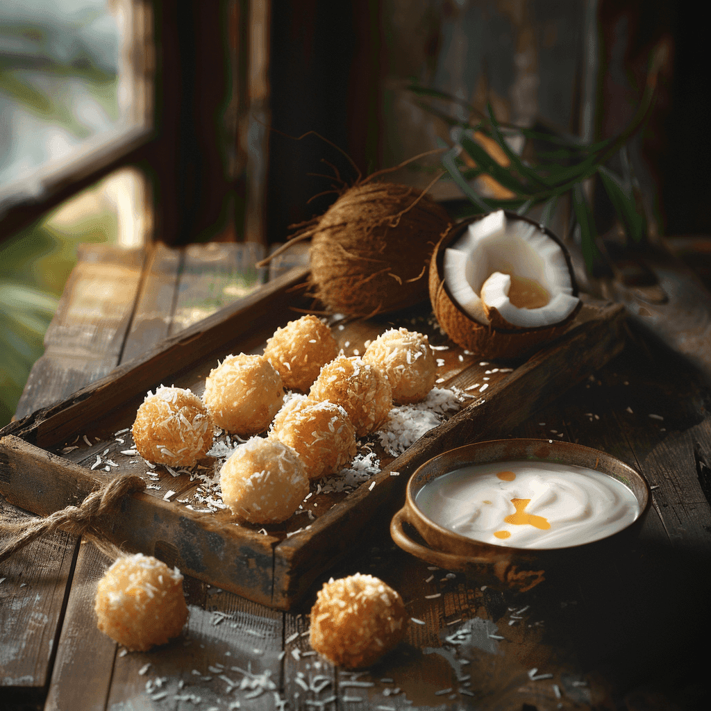 Coconut Balls arranged on a rustic serving dish