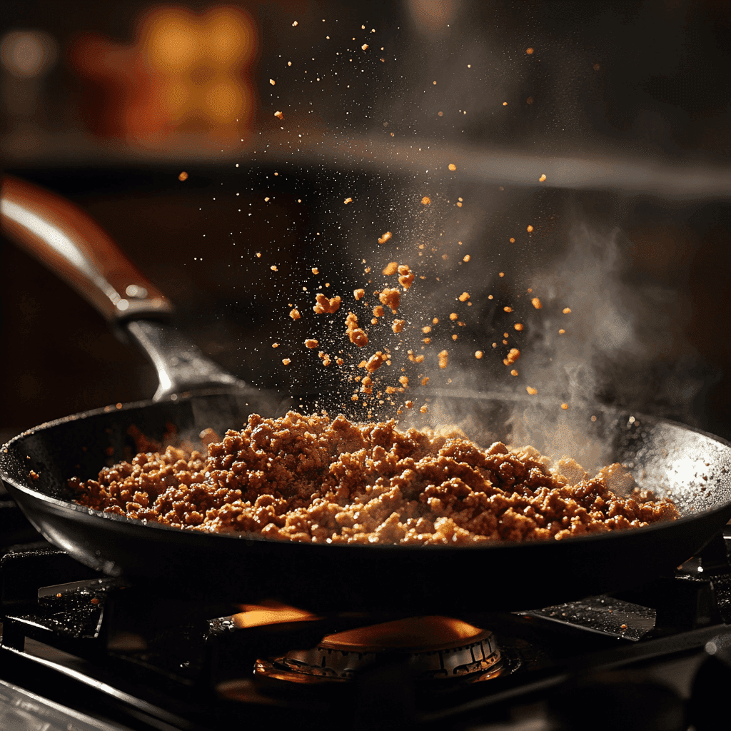 Sizzling skillet with taco seasoning being sprinkled on meat