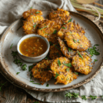 Plate of potato and carrot fritters served with dipping sauce and garnish