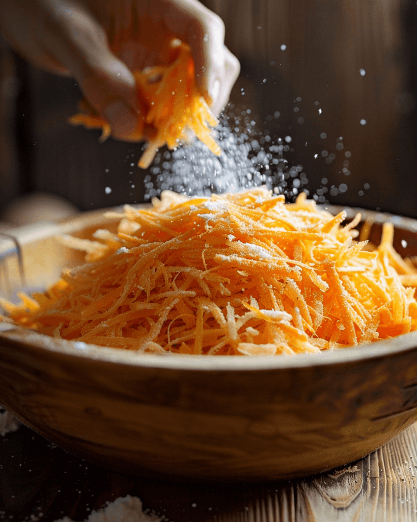 Freshly grated potatoes and carrots in a bowl ready for mixing