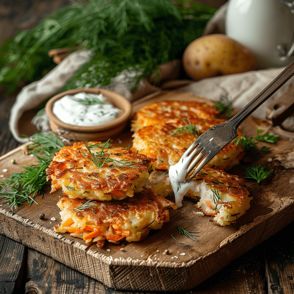 Crispy golden potato and carrot fritters on a rustic plate with dipping sauce