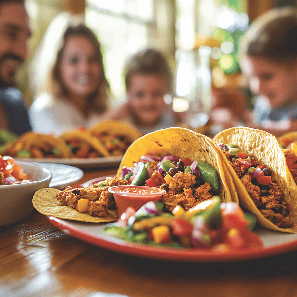 Family enjoying a taco dinner at a cozy dining table