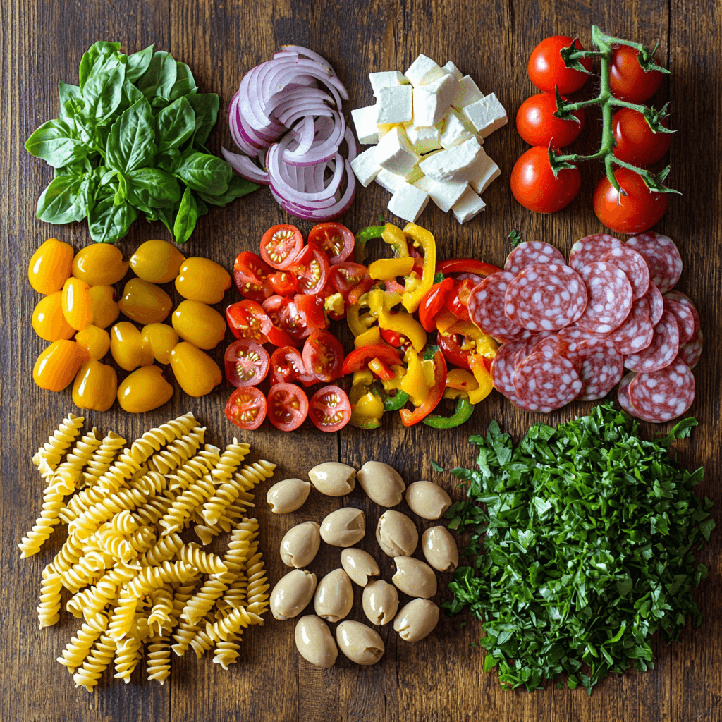 Flat lay arrangement of Italian pasta salad ingredients including rotini pasta, cherry tomatoes, bell peppers, red onions, fresh mozzarella, salami, olives, basil, and parsley