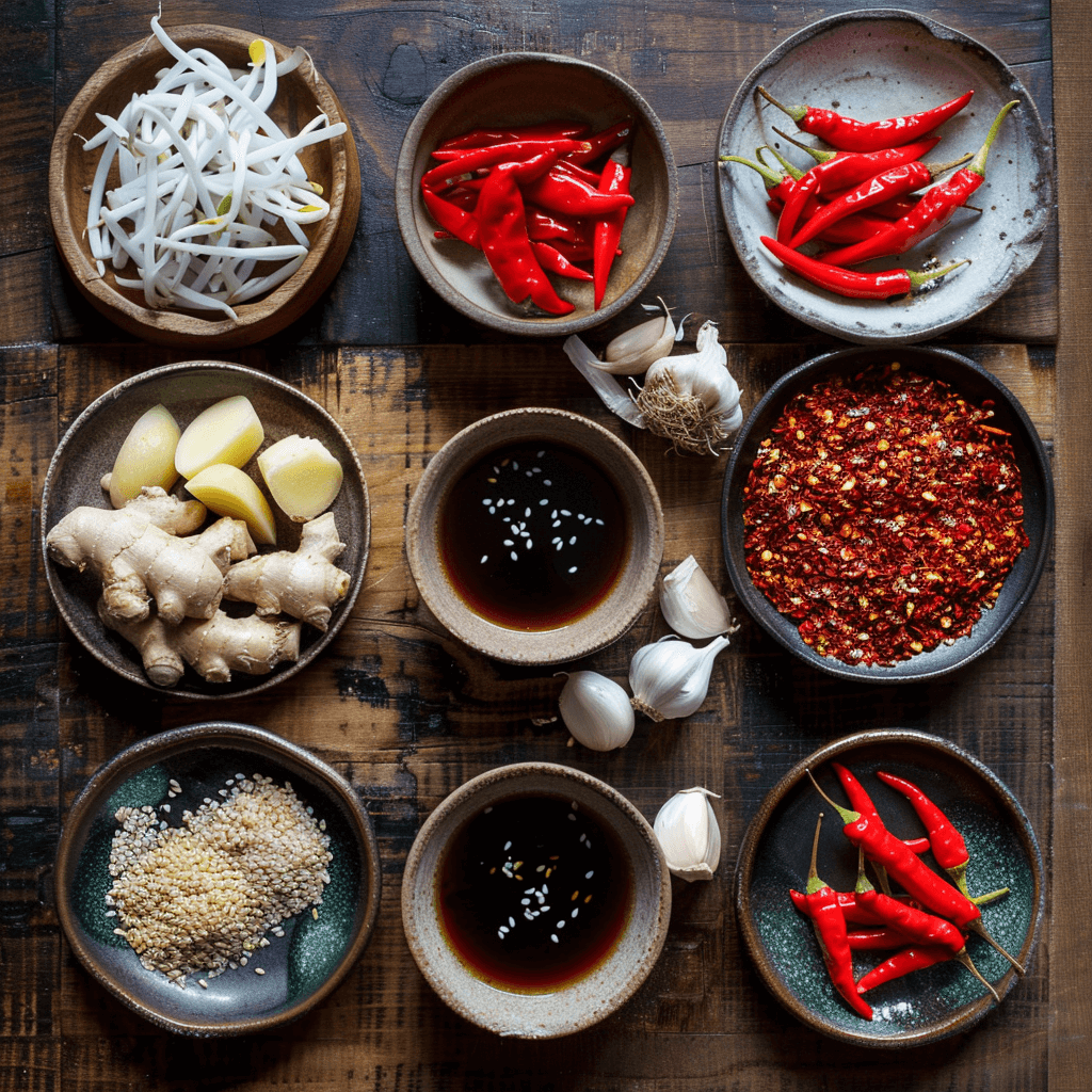 Ingredients for General Tso's sauce including soy sauce, rice vinegar, sugar, ginger, garlic, and chili peppers.