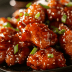 Golden and crispy Classic General Tso's Chicken coated in a sticky sauce, garnished with sesame seeds and scallions.