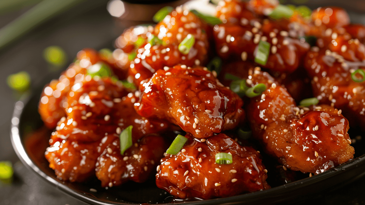 Golden and crispy Classic General Tso's Chicken coated in a sticky sauce, garnished with sesame seeds and scallions.