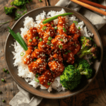 Classic General Tso's Chicken served over white rice with steamed broccoli and garnished with sesame seeds and scallions.