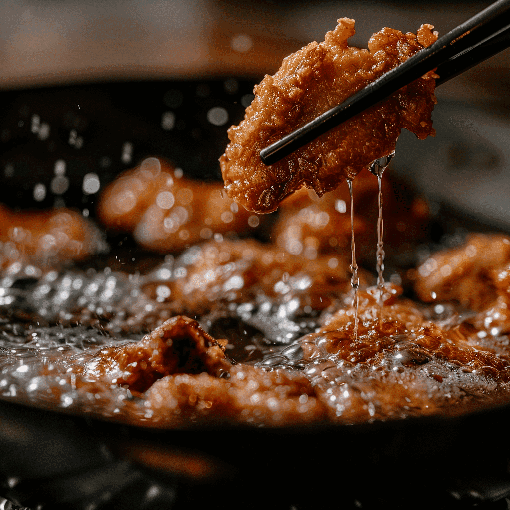 Chicken pieces frying in hot oil to achieve crispiness for Classic General Tso's Chicken recipe.