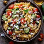Colorful Greek pasta salad featuring fusilli pasta, tomatoes, cucumbers, red onions, olives, and crumbled feta cheese