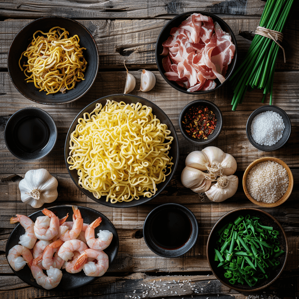 Flat lay of key ingredients for Hokkien Noodles: fresh yellow noodles, shrimp, pork belly, garlic, dark soy sauce, lard, and chives arranged on a wooden surface.