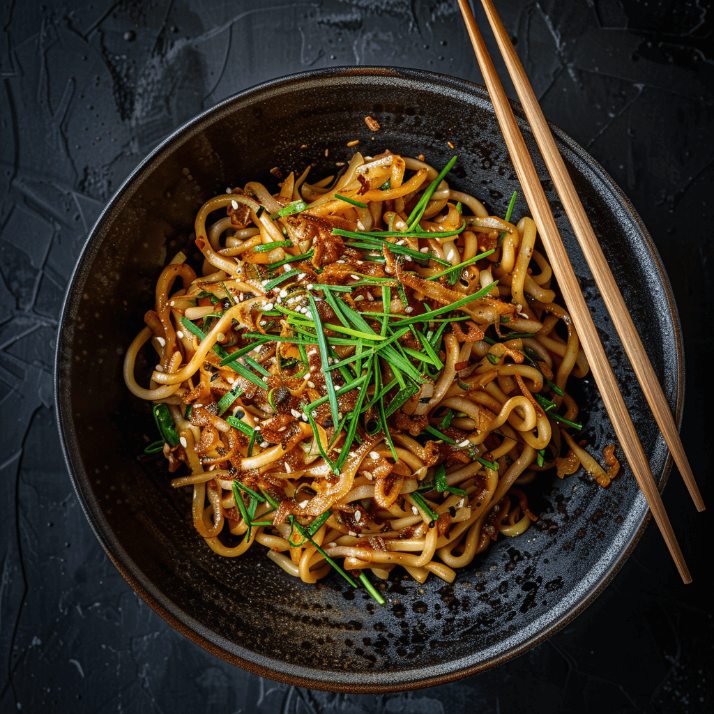 A beautifully plated serving of Hokkien Noodles garnished with fresh green chives and crispy fried shallots, ready to be served, with chopsticks resting on the side.